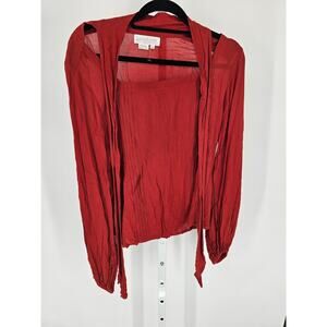 Anthropologie Kristinit Womens Sz M Long Sleeve Blouse Red Bow Tie Front